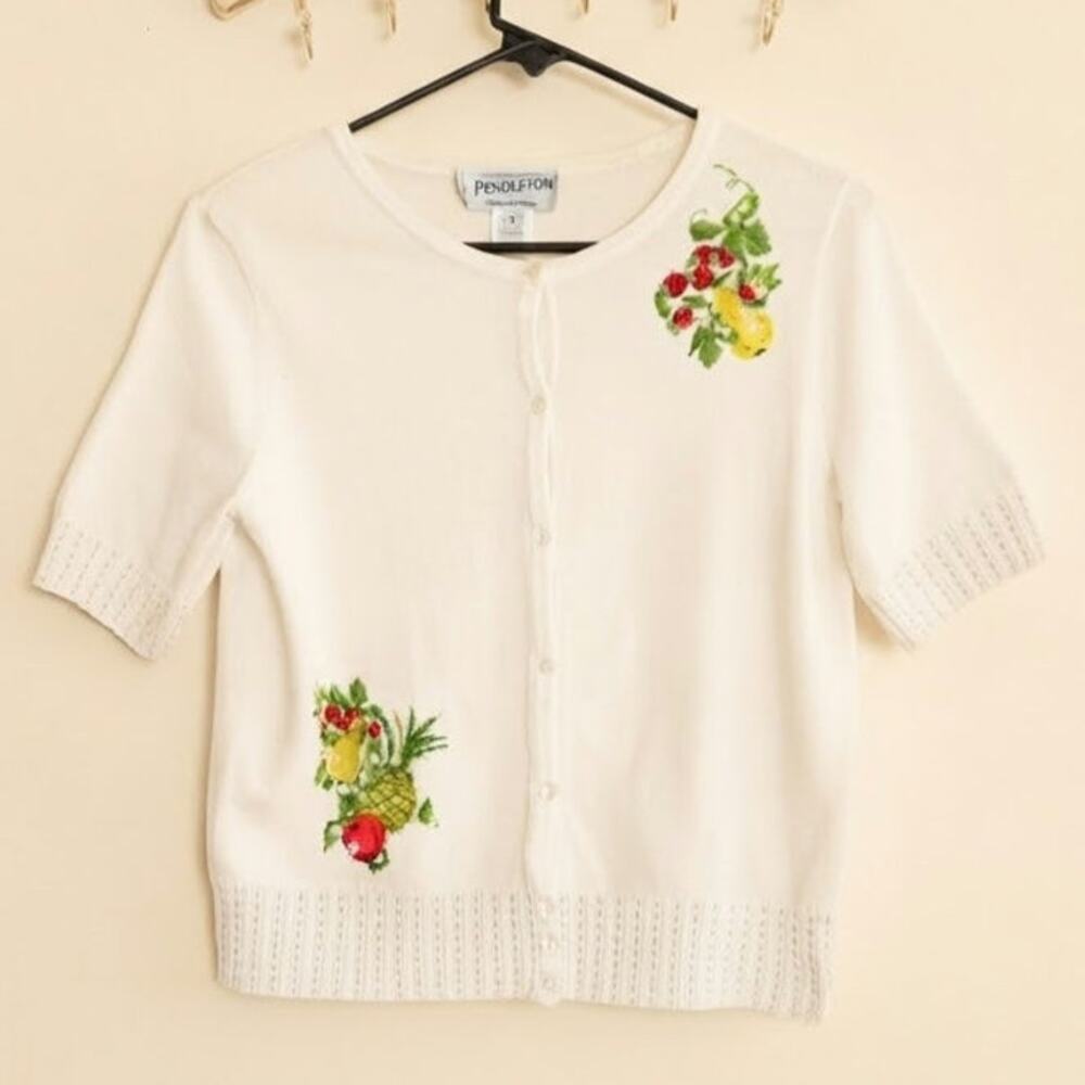 Pendleton VTG Embroidered Floral Short Sleeve Cardigan Ladies Size Small
